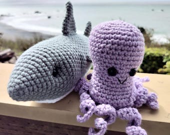 Crochet Shark & Octopus Plush Set – Handmade Great White and Lilac Sparkle Squid– Ocean Nursery Decor – Sea Animal– Marine Life Toddler Gift