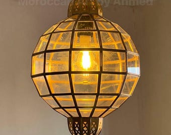 Hanging lighting Ceiling light Clear Glass Suspension Lights Moroccan Pendant Light, Handmade Brass Filigree