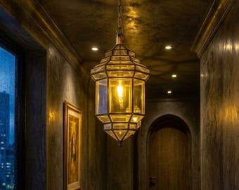 Marokańska lampa wisząca z mosiądzu | Ręcznie robiona lampa wisząca | Lampa sufitowa ze szkła boho | Marokańska latarnia
