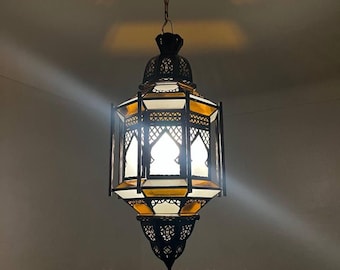 Suspension Lights Milky Glass Moroccan Pendant Light, Handmade Brass Filigree Ceiling light Hanging lighting