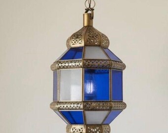 Handmade Moroccan Pendant Light, Brass Filigree Ceiling Lamp with Milky Glass