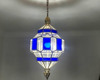 Handmade lantern  Moroccan Brass Chandelier – Boho Glass Pendant Light, boho Ceiling Lamp