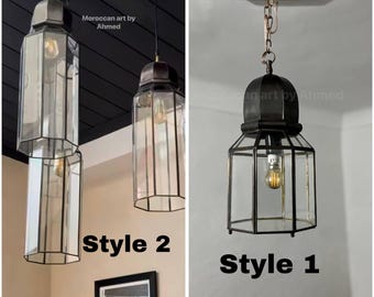 Moroccan Pendant Light Clear Glass , Handmade Brass Filigree Ceiling light Hanging lighting Suspension