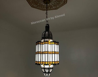 Large Hanging lamp Brass Bohemian Pendant Light, Milky Glass Moroccan Ceiling Lamp