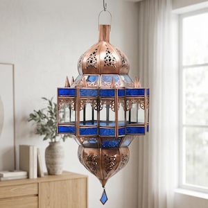 Handmade Moroccan brass lantern, vintage Glass pendant light Hanging ceiling light