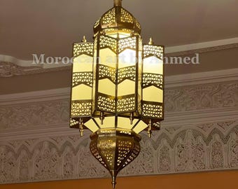 Handmade Lamp Brass Filigree Moroccan Pendant Light, Milky Glass Hanging Lantern