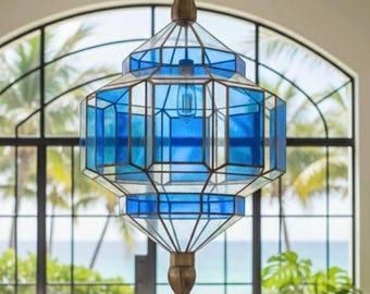 Lampadario a sospensione - Lampada marocchina in ottone realizzata a mano - Lampada a sospensione boho in vetro, lampada da soffitto