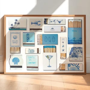 VINTAGE MATCHBOX DRUCK, trendige Streichhölzer Poster, Retro Streichholzschachtel, Funky ästhetischer Druck, digitaler Download, blaues Haus Plakat horizontale Wandkunst