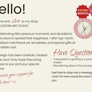 May include: A pink and white graphic with the text "Hello!" and "I'm Pasha and welcome to my shop PASHA CUSTOM ART STUDIO". The graphic also includes a logo with the text "Crafted with Love Custom Matches" and the text "Full Custom", "5 Stars Service", and "Any Custom Size". The graphic also includes the text "Have Questions?" and "Interested in getting a custom design made?" and "Wondering about the process?" and "Feel free to drop me a message on Etsy chat! I'm here round the clock to assist you".