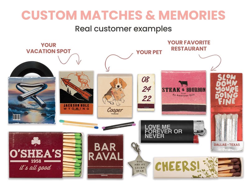 May include: A collection of custom matchboxes with various designs, including a dog, a restaurant, a vacation spot, and a bar. The matchboxes are arranged on a white background with the text "CUSTOM MATCHES & MEMORIES" and "Real customer examples" above them.