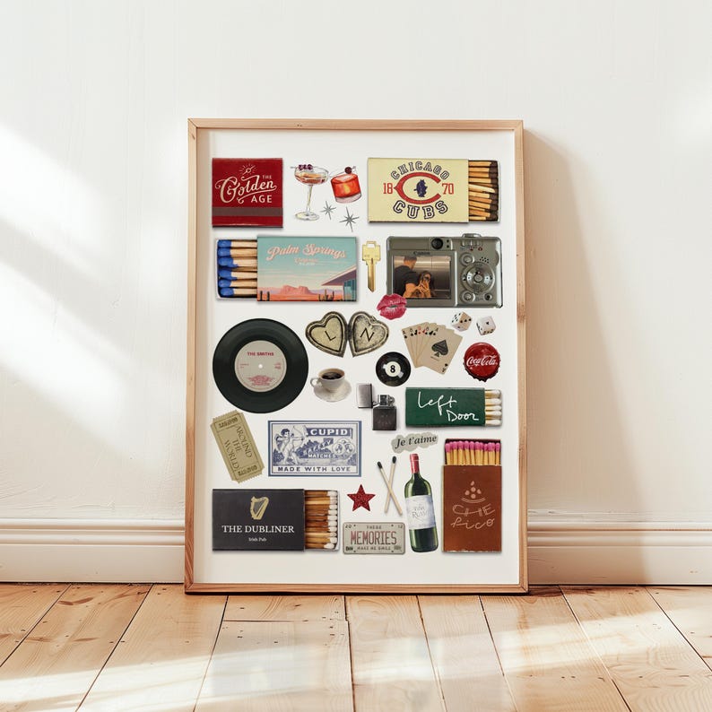 May include: A collage of vintage and modern items, including matchboxes, a record, a camera, a bottle of wine, a red star, a heart, a playing card, a key, a drink, and a red and white striped straw. The text "Chicago Cubs", "Golden Age", "Palm Springs", "Cupid Made With Love", "Left Door", "Je t'aime", "The Dubliner", "Che Pico", and "Memories" is visible.