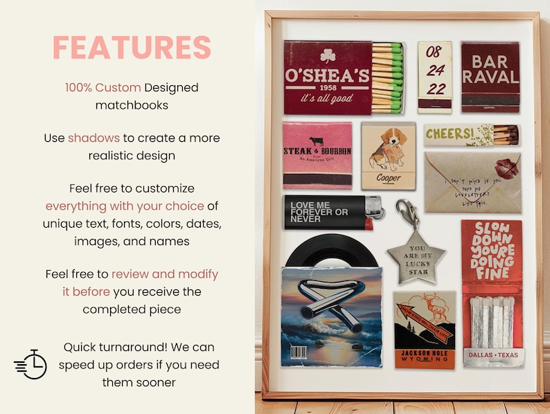 May include: A framed collage of vintage matchbooks with various designs and text, including "O'Shea's", "Steak & Bourbon", "Love Me Forever or Never", "Bar Raval", "Cheers!" and "Slow Down You're Doing Fine".