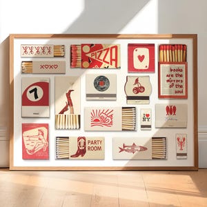 VINTAGE MATCHBOX PRINT, Trendy Matches Poster, Retro Matchbook, Funky Aesthetic Print, Digital Download, Red Home Poster Horizontal Wall Art