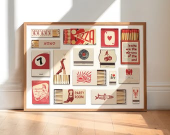 VINTAGE MATCHBOX PRINT, Trendy Matches Poster, Retro Matchbook, Funky Aesthetic Print, Digital Download, Red Home Poster Horizontal Wall Art