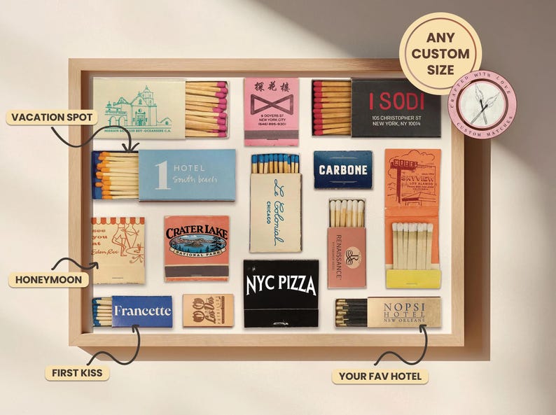 May include: A collection of vintage matchboxes in a wooden frame. The matchboxes feature various designs, including a hotel in South Beach, a pizza slice, and a lighthouse. The matchboxes are arranged in a grid pattern and are labeled with the text "Vacation Spot", "Honeymoon", "First Kiss", and "Your Fav Hotel".