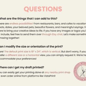 May include: A pink and white graphic with the text "QUESTIONS" in a large pink font. The graphic lists three questions about customizing and printing a design. The default print size is 18 inches by 24 inches.