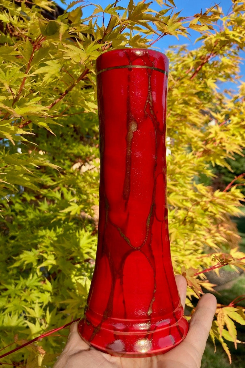 Handmade Ruby Red Ceramic Bud Vase: Wheel Thrown Pottery With Gold - Etsy