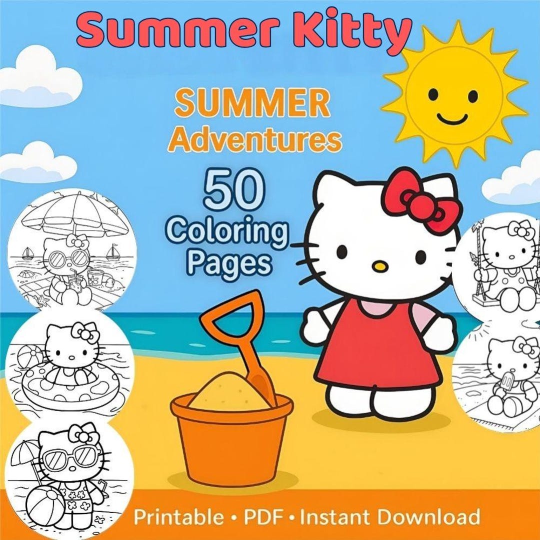 Summer Kitty Coloring Book – 50 Fun Printable Pages for Kids | Kawaii ...