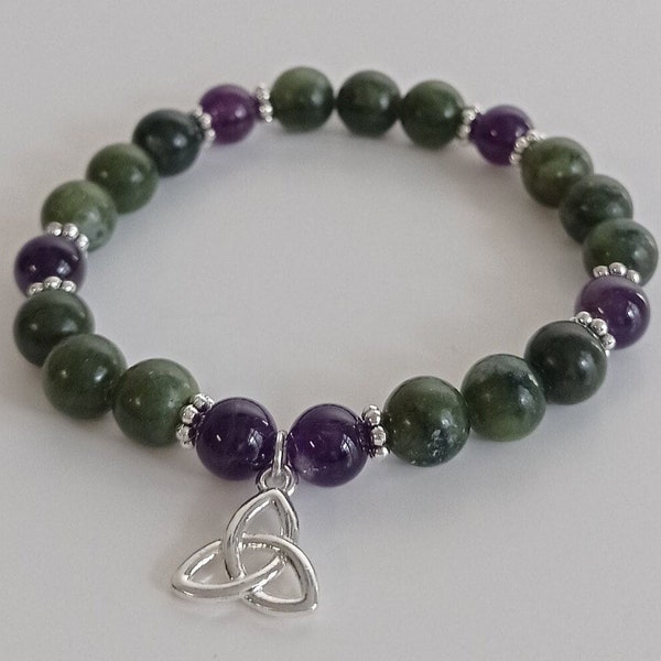 Connemara and Amethyst Marble Irish Charm Bracelet with Trinity Knot Charm