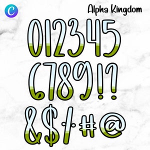 May include: A set of green and blue numbers, punctuation marks, and symbols. The numbers are 0 through 9, and the symbols are an ampersand, dollar sign, forward slash, pound sign, and at symbol. The numbers and symbols are outlined in black and have a green and blue gradient.