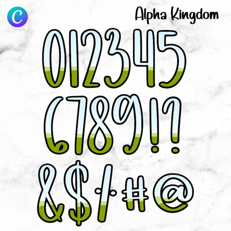 May include: A set of green and blue numbers, punctuation marks, and symbols. The numbers are 0 through 9, and the symbols are an ampersand, dollar sign, forward slash, pound sign, and at symbol. The numbers and symbols are outlined in black and have a green and blue gradient.