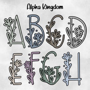 May include: A set of floral alphabet letters in various colors, including blue, green, purple, and brown. The letters are stylized with floral designs and are arranged in two rows, with the letters A through D in the top row and E through H in the bottom row. The text "Alpha Kingdom" is written above the letters.