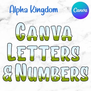 May include: Canva Letters & Numbers graphic design font with a green and blue landscape design. The font is outlined in black.