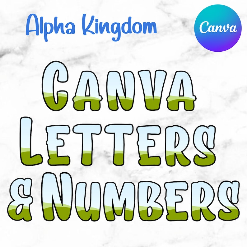 May include: Canva Letters & Numbers graphic design font with a green and blue landscape design. The font is outlined in black.
