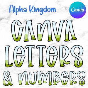 Pode incluir: Fonte de design gráfico Canva Letters & Numbers com um design de paisagem verde e azul. O texto está em um contorno branco com uma sombra preta.