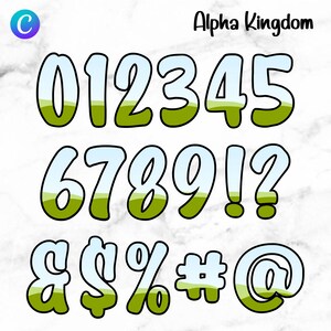 May include: Green and blue cartoon numbers 0 through 9, an exclamation point, a question mark, an ampersand, a dollar sign, a percent sign, a pound sign, and an at symbol. The numbers and symbols are outlined in black and have a green and blue gradient.