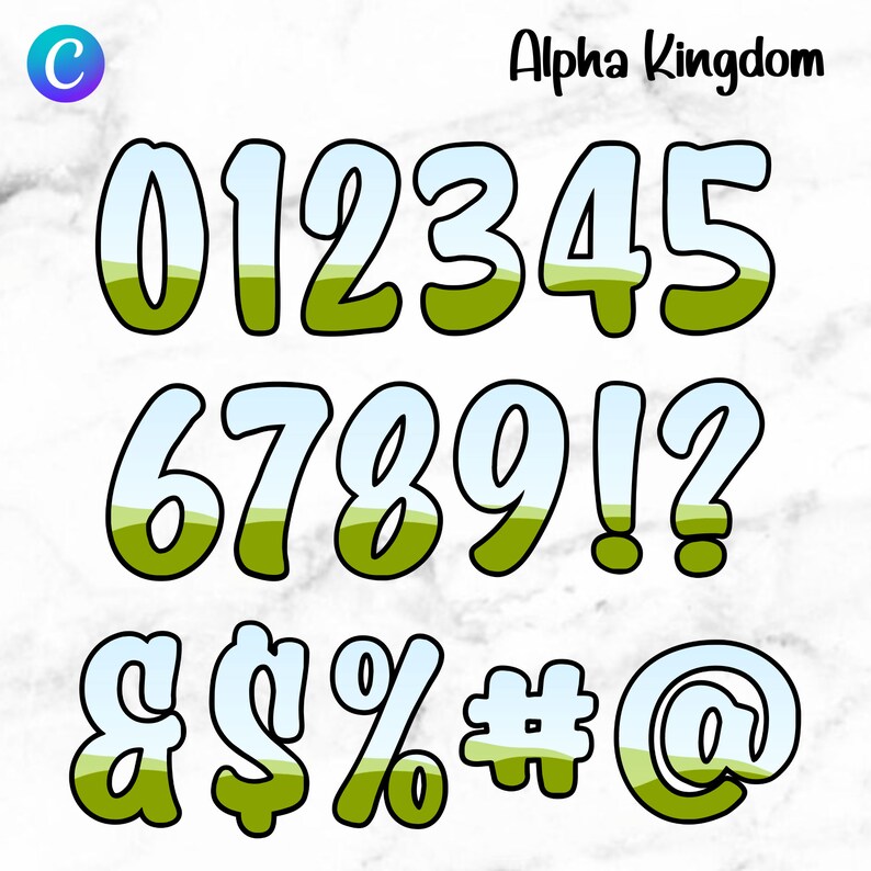 May include: Green and blue cartoon numbers 0 through 9, an exclamation point, a question mark, an ampersand, a dollar sign, a percent sign, a pound sign, and an at symbol. The numbers and symbols are outlined in black and have a green and blue gradient.