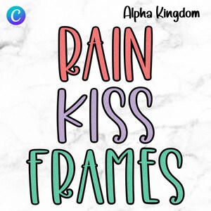 May include: A colorful graphic design with the text "RAIN KISS FRAMES" in a playful, hand-drawn style. The words are in different colors, with "RAIN" in pink, "KISS" in purple, and "FRAMES" in green.