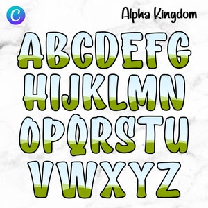 May include: A colorful alphabet with green and blue hills in the letters. The letters are outlined in black and have a white background. The text "Alpha Kingdom" is at the top of the image.