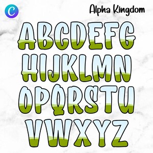 May include: A colorful alphabet with a green and blue landscape design. The letters are outlined in black and have a 3D effect.