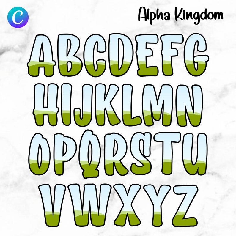 May include: A colorful alphabet with a green and blue landscape design. The letters are outlined in black and have a 3D effect.
