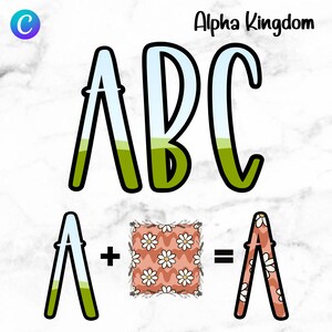 May include: A green, blue, and white illustration of the letters A, B, and C. Below the letters is a math equation: A + a patterned square = A. The square has a white daisy pattern on a peach background.