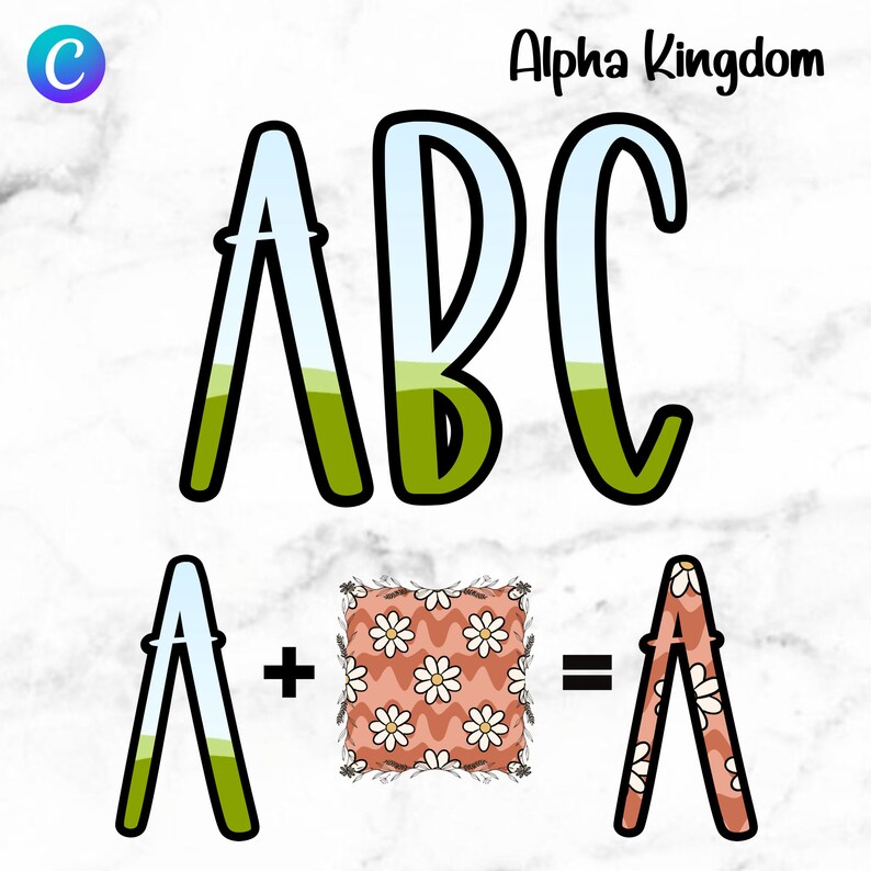 May include: A green, blue, and white illustration of the letters A, B, and C. Below the letters is a math equation: A + a patterned square = A. The square has a white daisy pattern on a peach background.