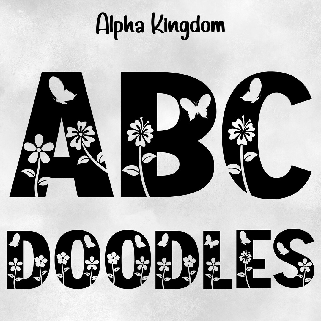 Floral Doodle PNG Alphabet, Black Letters, Numbers (digital Download ...