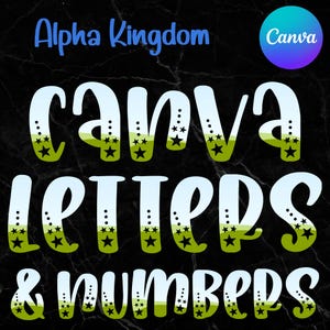 Könnte beinhalten: Canva Letters & Numbers Schriftgrafik mit einem grün-blauen Farbschema und schwarzen Stern-Akzenten. Das Canva-Logo befindet sich in der oberen rechten Ecke.
