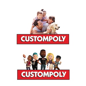 May include: Two rectangular red banners with the white text CUSTOMPOLY. The top banner features a photograph of a family of four with a golden retriever. The bottom banner displays five diverse 3D-style cartoon characters in various poses.