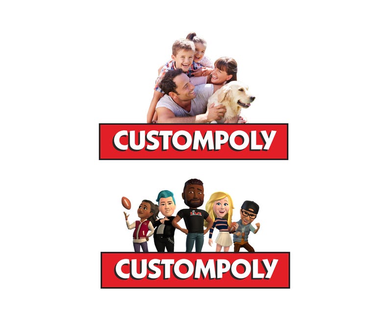 May include: Two rectangular red banners with the white text CUSTOMPOLY. The top banner features a photograph of a family of four with a golden retriever. The bottom banner displays five diverse 3D-style cartoon characters in various poses.