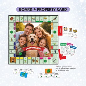 May include: A custom board game set featuring a square game board with a central photograph of a family and a dog, surrounded by property spaces with icons and text. Includes several rectangular property cards and small game cards with clover icons.