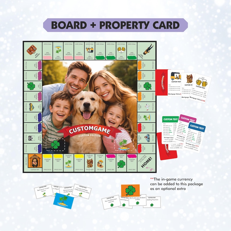 May include: A custom board game set featuring a square game board with a central photograph of a family and a dog, surrounded by property spaces with icons and text. Includes several rectangular property cards and small game cards with clover icons.