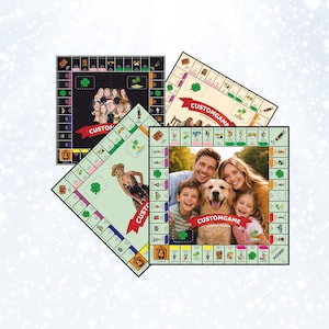 May include: Three square board games with custom photo centres and borders featuring icons, text, and a red banner labelled CUSTOMGAME. One board has a black background, one is cream, and one is light green, each displaying different personal photos.