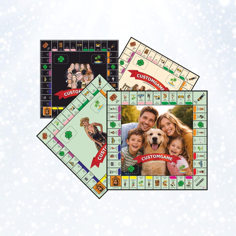 May include: Three square board games with custom photo centres and borders featuring icons, text, and a red banner labelled CUSTOMGAME. One board has a black background, one is cream, and one is light green, each displaying different personal photos.