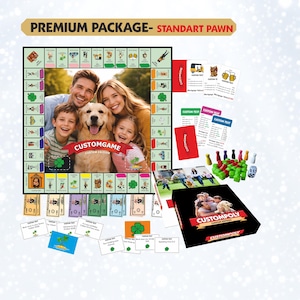 May include: A custom board game set featuring a game board with a central photo of a family and a dog, game cards, paper money, small coloured plastic pawns, two dice, and a black box with the text CUSTOMPOLY CUSTOM EDITION printed on the front.