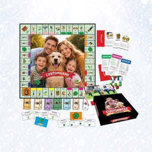 Könnte beinhalten: Ein individuelles Brettspiel-Set mit einem Familienfoto auf dem Spielbrett. Das Set enthält Karten, Würfel und eine Box mit dem Titel des Spiels. Das Spielbrett hat Felder mit verschiedenen Symbolen und Bildern.