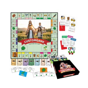 May include: A custom Monopoly board game with a family photo in the center. The board game includes property cards, chance cards, dice, and game pieces. The box is black with the words "Custompoly Custom Edition".