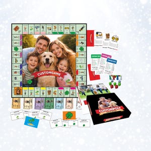 May include: A custom board game set featuring a square game board with a central photo of a family and a dog, game cards, paper money, coloured plastic tokens, dice, and a black box with the text CUSTOMPOLY CUSTOM EDITION printed on the front.
