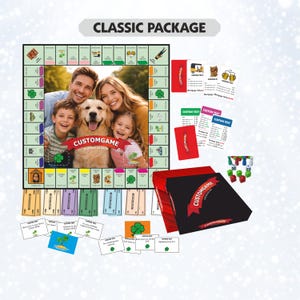 May include: A custom board game set titled CLASSIC PACKAGE featuring a game board with a central photo of a family and a dog, various coloured property cards, paper money, small plastic game pieces, dice, and a black box labelled CUSTOMGAME.